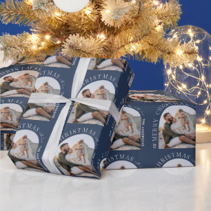 Modern typography photo arch Christmas navy blue Wrapping Paper