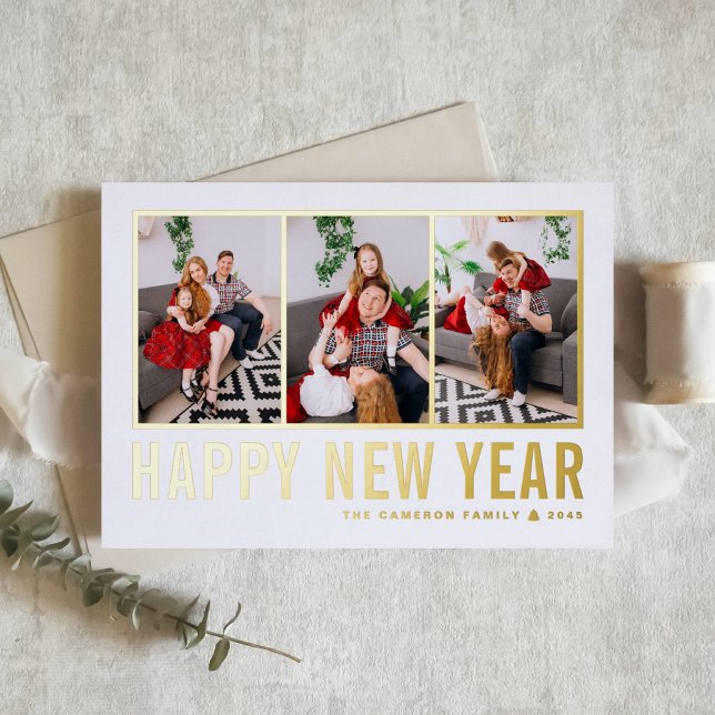 Modern Typography Photo Collage Happy New Year (Send new year cheer with this customizable gold foil three-photo-collage Happy New Year Card. )
