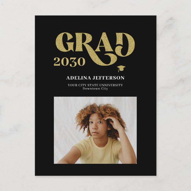 Modern typography photo gold black graduation announcement postcard (Front)
