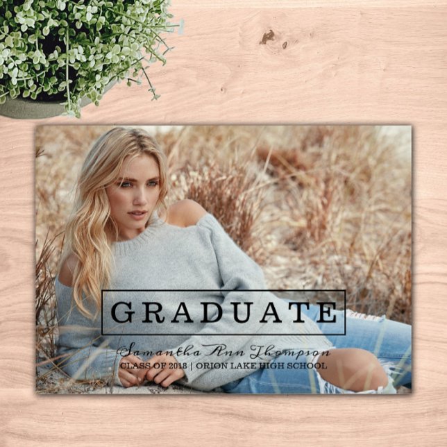 Modern Typography Photo Graduation Invite | Black (Black Modern Typography Photo Graduation Announcement)