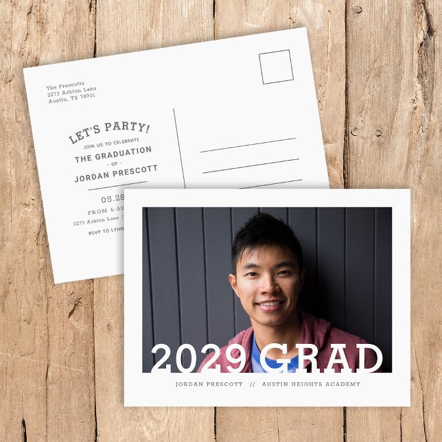 Modern Typography Photo Overlay Graduation Party A Announcement Postcard (Creator Uploaded)