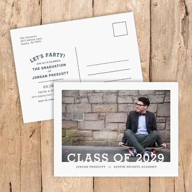 Modern Typography Photo Overlay Graduation Party Announcement Postcard (Creator Uploaded)