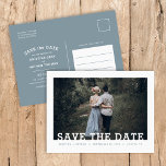 Modern Typography Photo Overlay Save the Date Announcement Postcard<br><div class="desc">Affordable custom printed wedding Save the Date postcards with an easy to use template and fully editable fonts and colours. This cool minimalist design features a simple photo overlay with modern slab serif fonts. Personalise it with your wedding details and engagement photo with additional details on the back side. Use...</div>