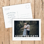 Modern Typography Photo Overlay Save the Date Announcement Postcard<br><div class="desc">Affordable custom printed wedding Save the Date postcards with an easy to use template and fully editable fonts and colours. This cool minimalist design features a simple photo overlay with modern slab serif fonts. Personalise it with your wedding details and engagement photo with additional details on the back side. Use...</div>