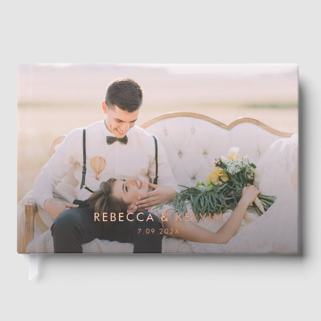 Modern Typography Photo Rose Gold Foil Wedding Guest Book (Front)