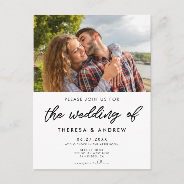 Modern typography photo wedding invitation postcard (Front)