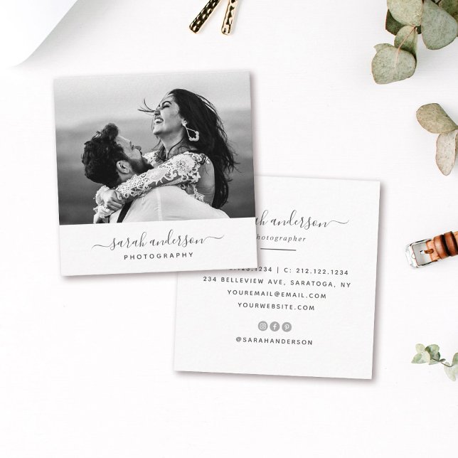 Modern Typography Photographer Minimal Calligraphy Square Business Card (Creator Uploaded)