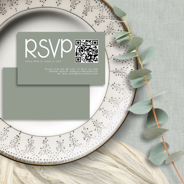 Modern Typography QR Code Sage Green Wedding RSVP Enclosure Card (Frotn and back view mini 3.5 x 2" enclosure)
