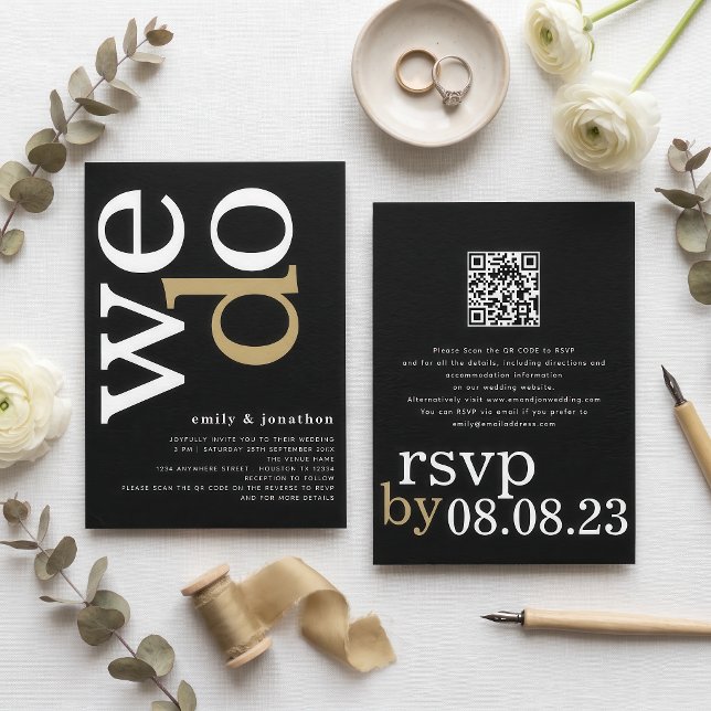Modern Typography QR Code White Gold Black Wedding Invitation (Creator Uploaded)