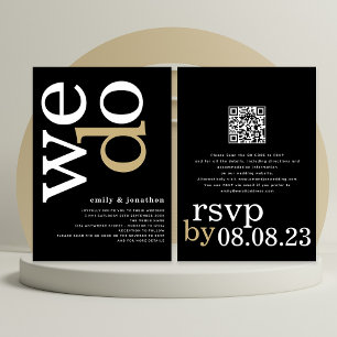 Modern Typography QR Code White Gold Black Wedding Invitation