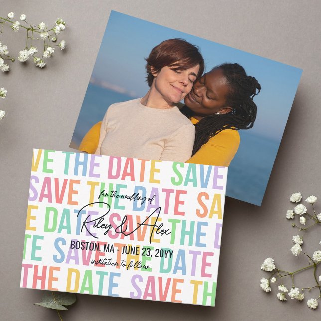 Modern Typography Rainbow Letters LGBTQA Wedding Save The Date (Creator Uploaded)
