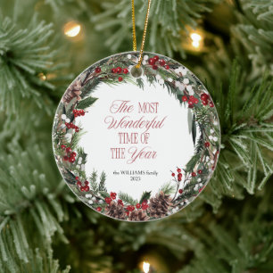  Modern Typography Red Berry Wreath Christmas Ceramic Tree Decoration