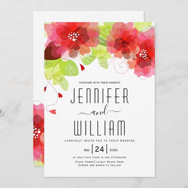 Modern typography red flowers floral wedding invitation (Front/Back)