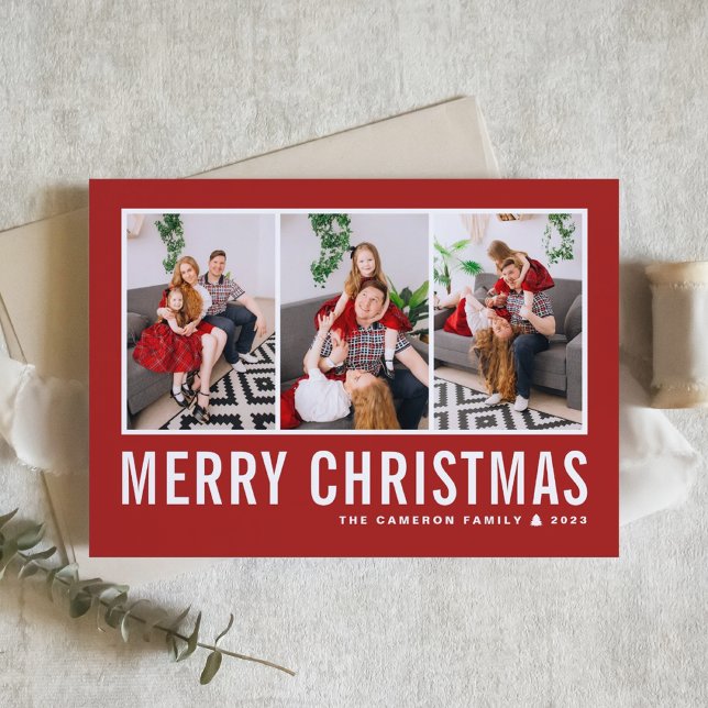 Modern Typography Red Photo Collage Christmas Holiday Card (Creator Uploaded)