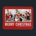 Modern Typography Red Photo Collage Christmas Magnet<br><div class="desc">Merry Christmas! Send your warm wishes this season with this customisable photo collage Christmas magnet. It features simple typography with a  red background. Personalise by adding your photos,  names,  year and other details. This modern Christmas magnet is available in other colours and cardstock.</div>