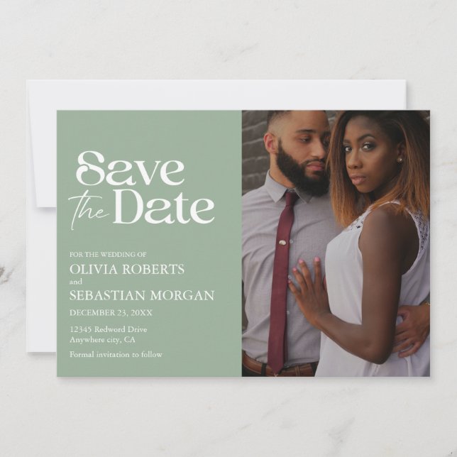 Modern Typography Sage Green Photo Wedding Save The Date (Front)