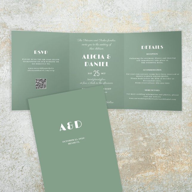 Modern typography sage green rsvp details wedding Tri-Fold invitation (Creator Uploaded)