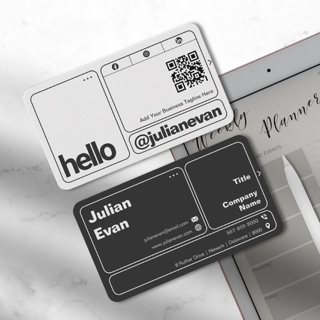 Modern Typography Scannable QR Code Hello Business Card (Modern Black & White Scannable QR Code Hello Business Card)