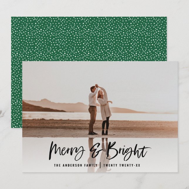 Modern typography script green photo Christmas Holiday Card (Front/Back)