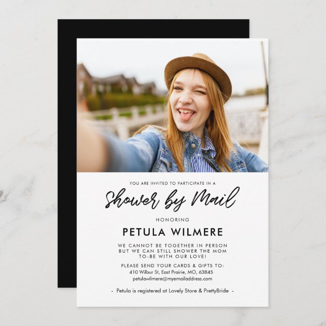 Modern typography Shower by mail photo Invitation (Front/Back)