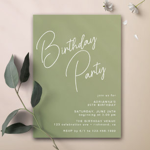 Modern Typography Simple Olive Sage Green Birthday Invitation