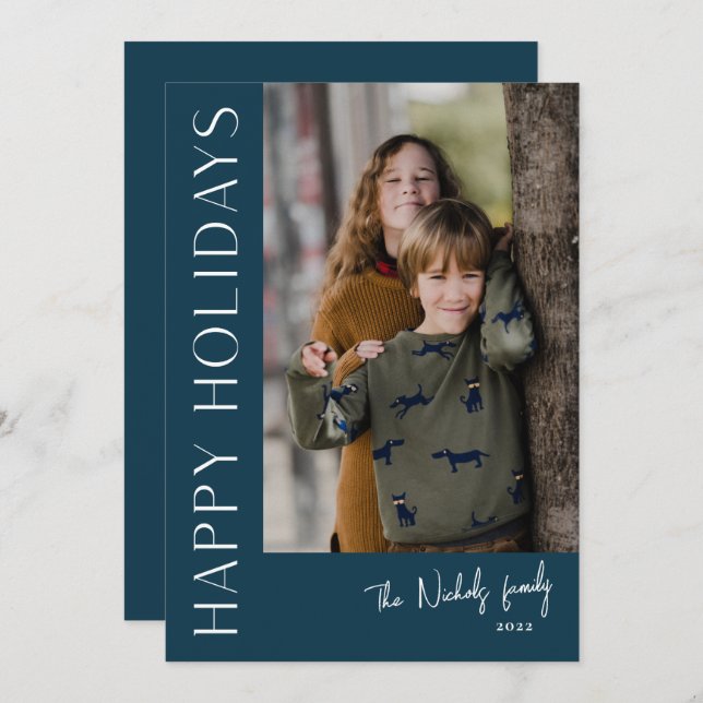 Modern Typography Simple Photo Happy Holiday Card (Front/Back)
