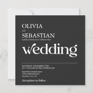 Modern Typography Square Photo Black Wedding Invitation