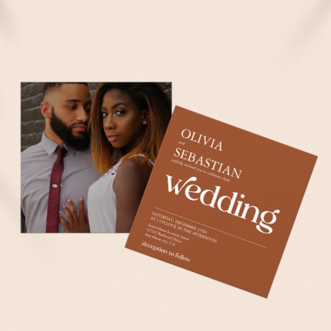 Modern Typography Square PhotoTerracotta Wedding Invitation (Creator Uploaded)