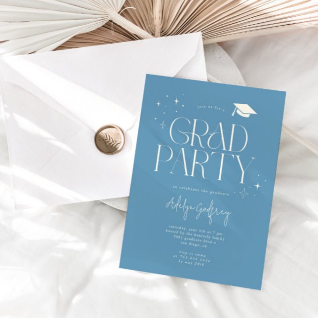 Modern Typography Star Denim Blue Graduation Party Invitation (Creator Uploaded)