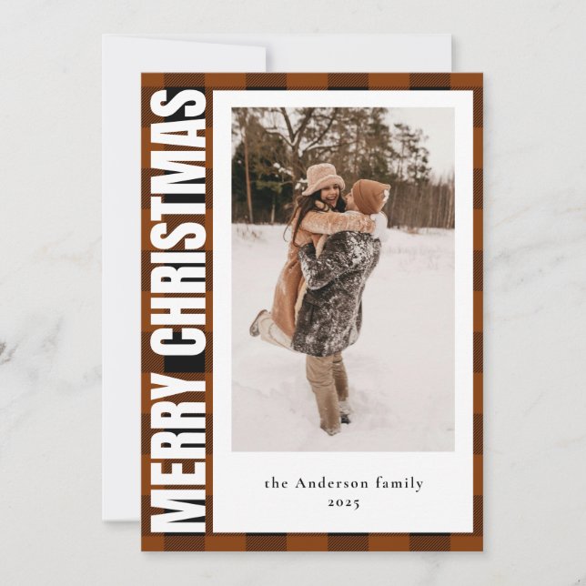 Modern Typography Tartan Plaid Christmas Photo Holiday Card (Front)