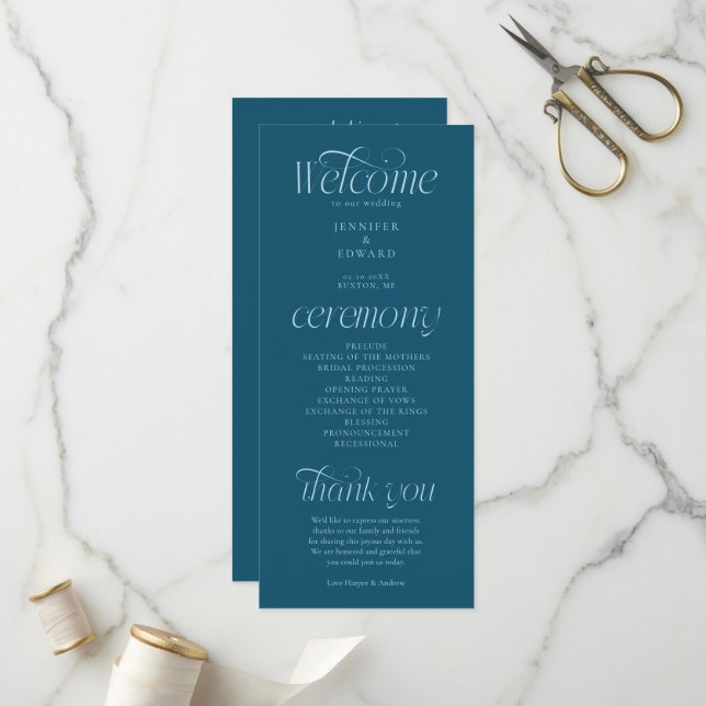Modern Typography Teal Wedding Program Programme (Front/Back In Situ)