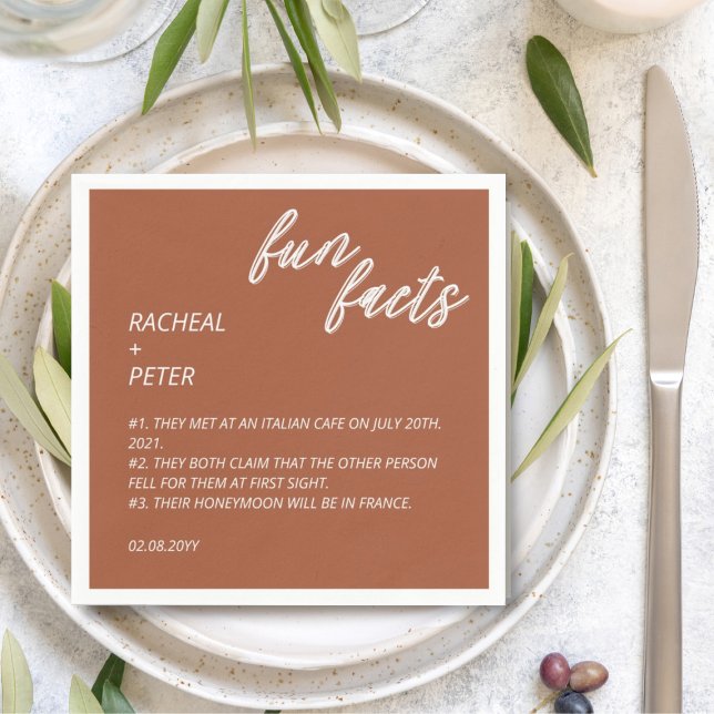 Modern Typography Terracotta Fun Facts Wedding Napkin (Creator Uploaded)
