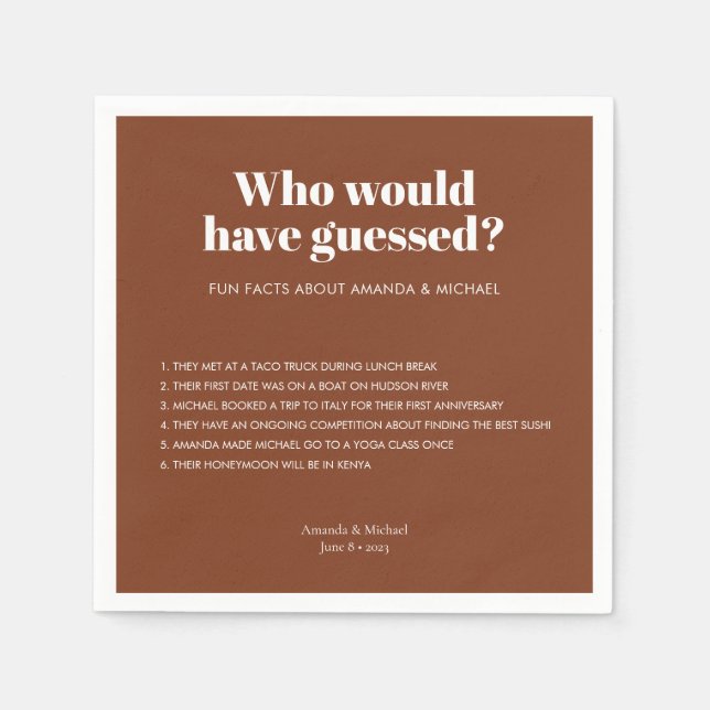 Modern Typography Terracotta Wedding Fun Facts Napkin (Front)