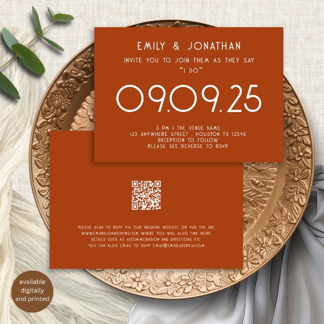 Modern Typography Terracotta Wedding Invitation (Front and back view)