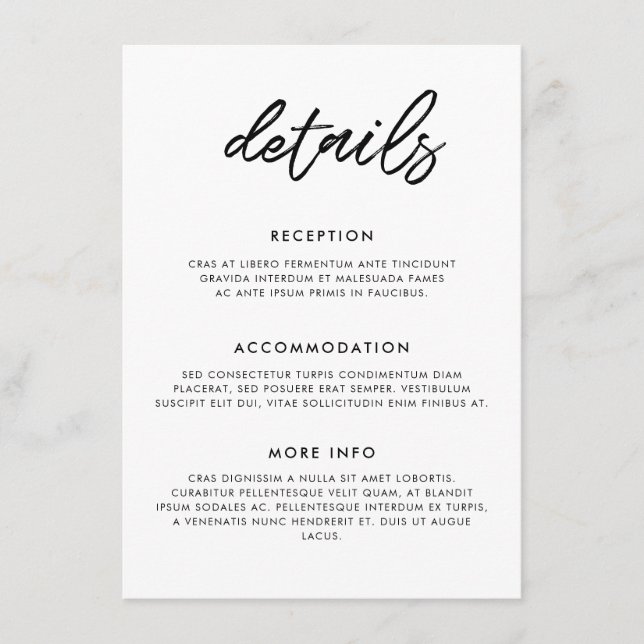 Modern typography wedding guest information card (Front)