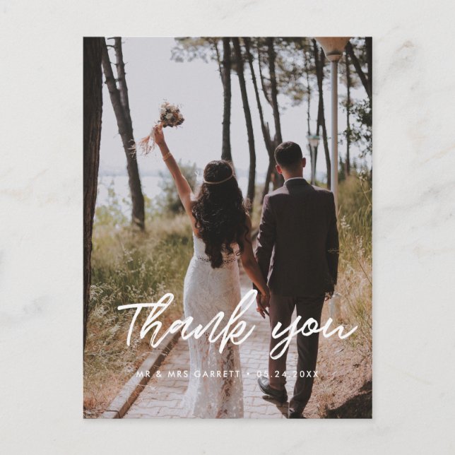 Modern typography wedding photo thank you postcard (Front)
