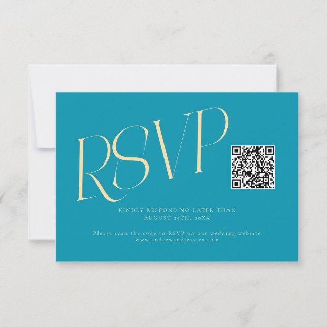 Modern Typography Wedding QR Code Aqua Blue RSVP Card (Front)