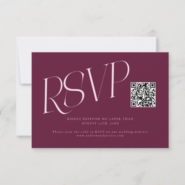 Modern Typography Wedding QR Code Cranberry RSVP Card (Front)
