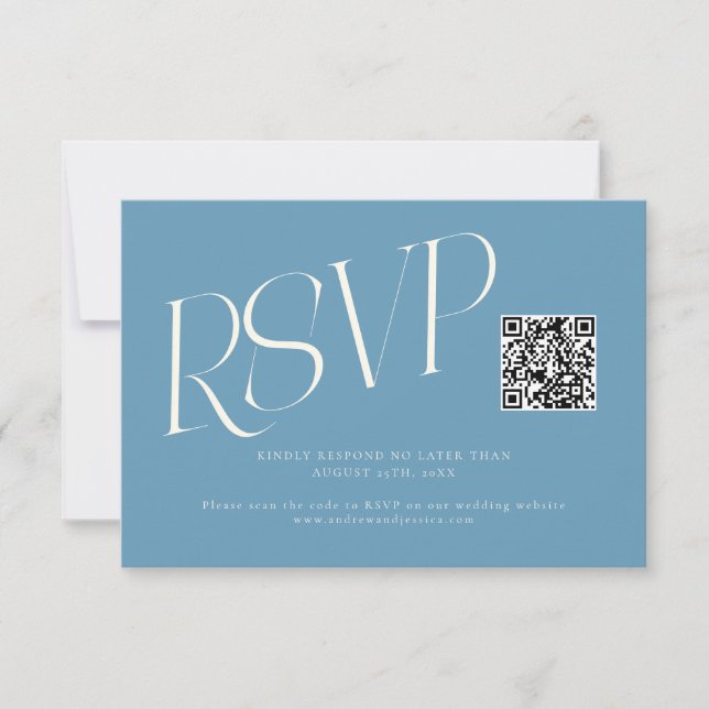 Modern Typography Wedding QR Code Denim Blue RSVP Card (Front)