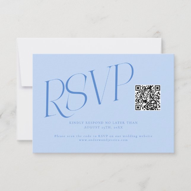 Modern Typography Wedding QR Code Icy Blue RSVP Card (Front)