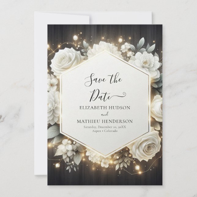 Modern Typography White Roses Wedding Save The Date (Front)