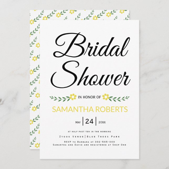 Modern typography yellow bridal shower wedding invitation (Front/Back)