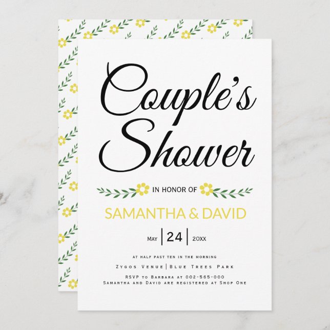 Modern typography yellow couples shower wedding invitation (Front/Back)