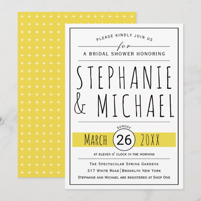 Modern typography yellow wedding bridal shower invitation (Front/Back)