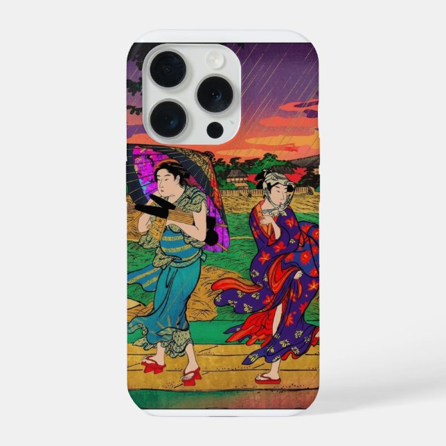 Modern Ukiyo-E Pop Art: Vibrant Rain Walk Edition  iPhone Case (Back)