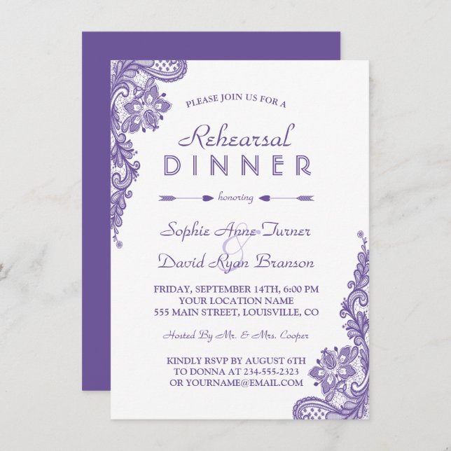 Modern Ultra Violet Lace Rehearsal Dinner Invite (Front/Back)