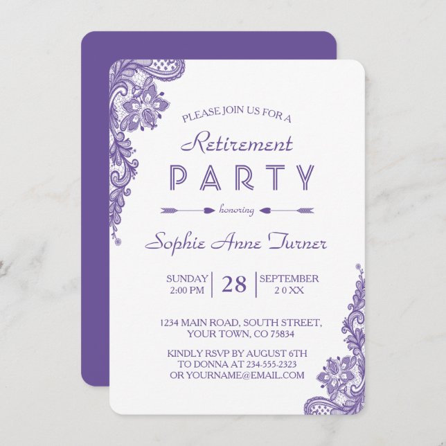 Modern Ultra Violet Lace Retirement Party Invite (Front/Back)