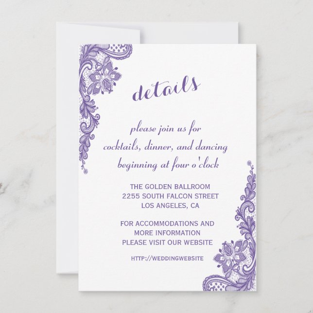 Modern Ultra Violet Lace Wedding Details Reception Invitation (Front)