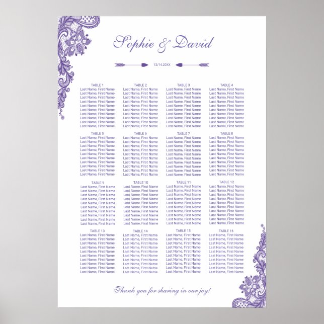 Modern Ultra Violet Lace Wedding Seating Chart (Front)