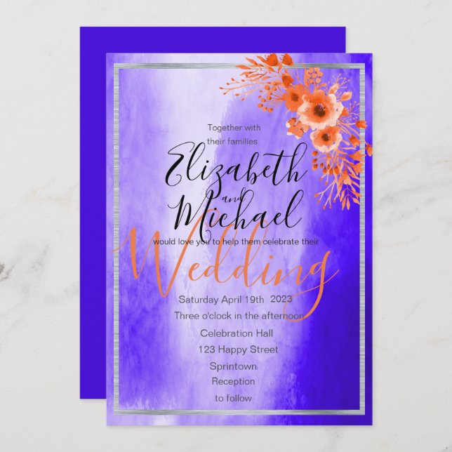 Modern Ultraviolet/ Purple / Orange  Floral Invitation (Front/Back)